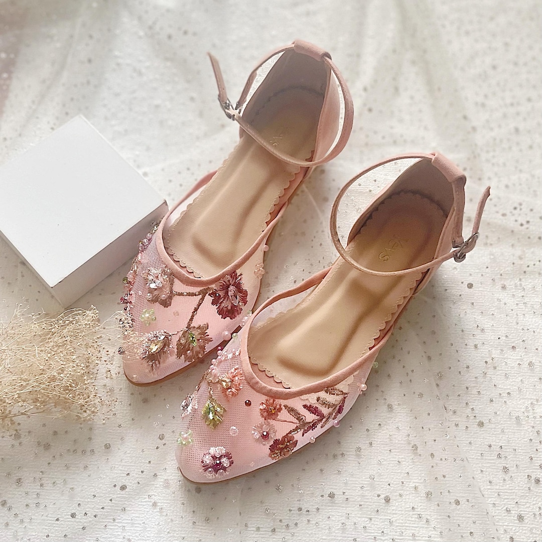 Rustic Heels Pink Velvet Floral Rustic Wedding Shoes, Handmade Embroidery Beaded ...