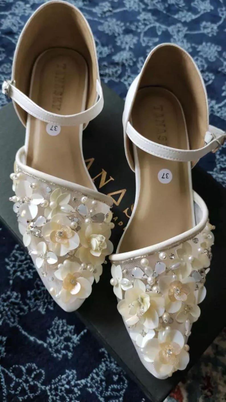 Rustic Heels Ivory Floral Sequin Beaded Rustic Party Flats, Elegant Ankle Strap ...