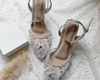silver classy rhinestone beaded wedding shoe, elegant crystal embroidered bridal heel, classic ankle strap dance shoe