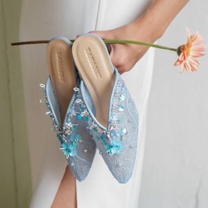 blue floral elegant sequin beaded party mules, sky blue lace embroidery heels, unique party block heel mules, vintage minimalist high heels