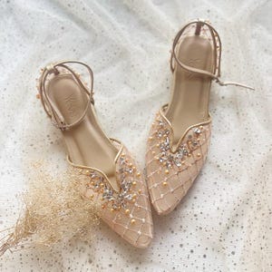 gold pearl beaded party transparent shoe, lace square wedding party flat shoe, custom embroidered low heel shoe, classy elegant shoe