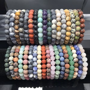 Matted Natural Gemstone Beads Bracelet, Genuine Gemstone Round Beaded Healing Crystal Bracelet, Handmade Stretchy Beads Bracelet (7.5 inch)