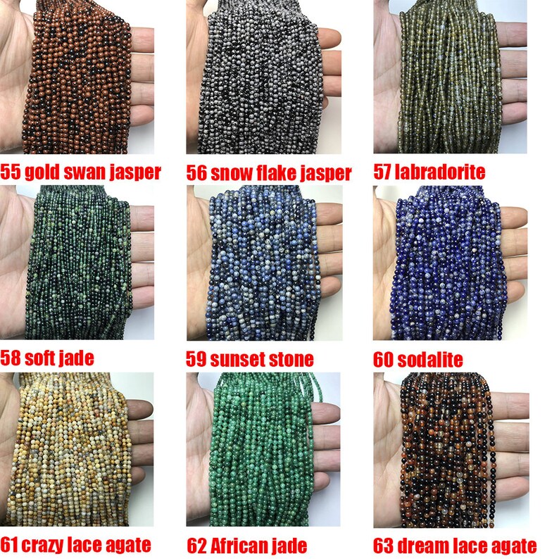 May include: A collection of 9 strands of gemstone beads, each strand is a different color and type of stone. The beads are small and round, and they are arranged in a grid pattern. The stones include gold swan jasper, snow flake jasper, labradorite, soft jade, sunset stone, sodalite, crazy lace agate, African jade, and dream lace agate.