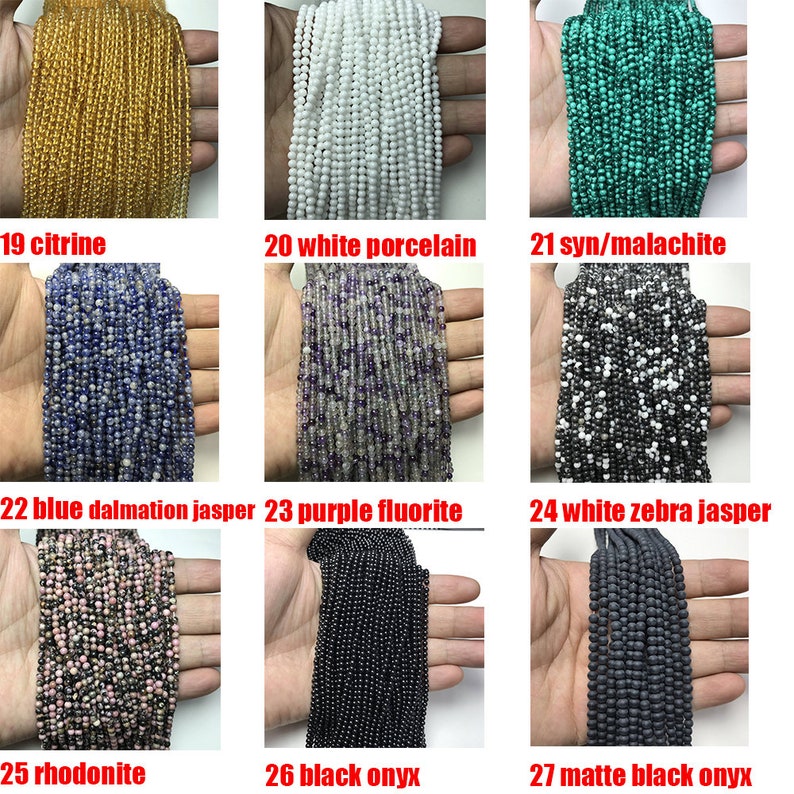 May include: Assortment of 10 strands of beads in various colors and materials, including citrine, white porcelain, synthetic malachite, blue dalmatian jasper, purple fluorite, white zebra jasper, rhodonite, black onyx, and matte black onyx.