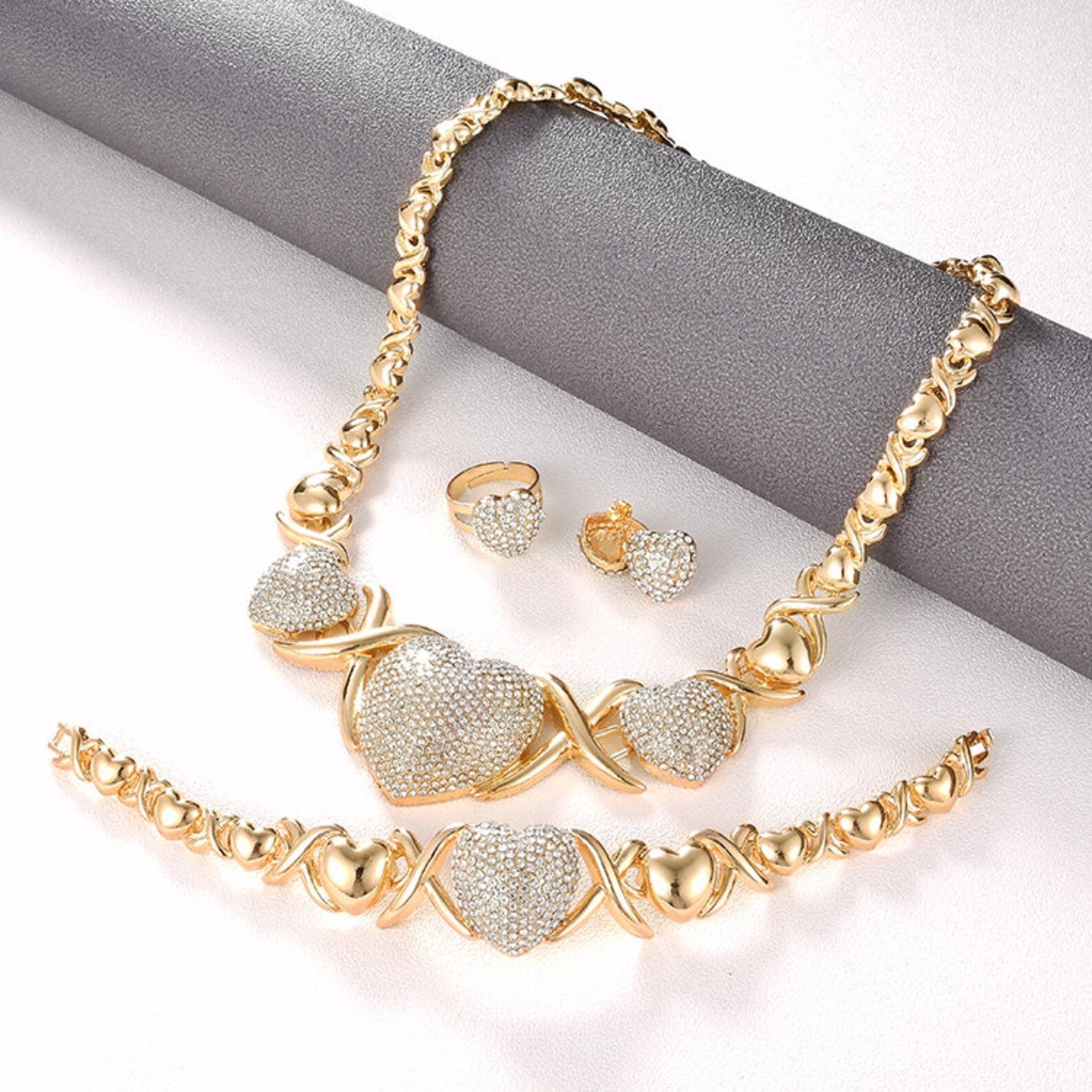 XO Set Hugs & Kisses Heart Necklace Bracelet Earrings Ring 18k Etsy