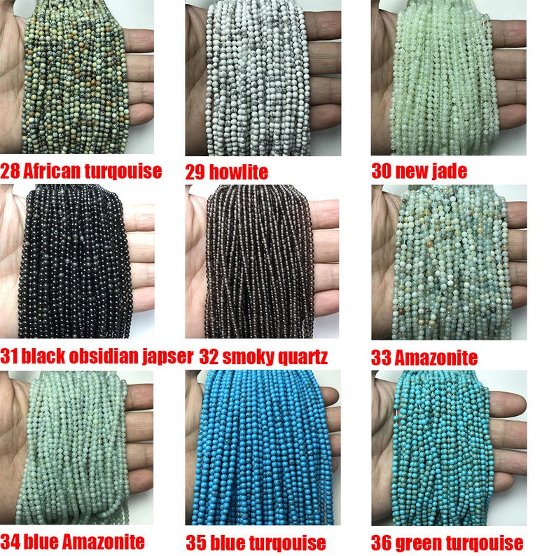 May include: A collection of 10 strands of gemstone beads, each strand is a different color and type of stone. The beads are small and round, and they are arranged in a grid pattern. The stones include African turquoise, howlite, new jade, black obsidian jasper, smoky quartz, amazonite, blue turquoise, and green turquoise.