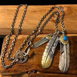 Japan Takahashi Goro Silver Feather Leather Necklace Feathers 66x14mm Blue Turquoise Retro Sterling 925 Silver  Style Necklace Jewelry Gifts