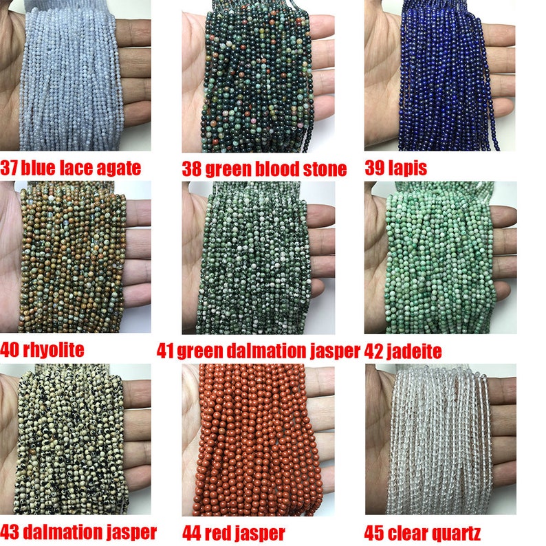 May include: Assortment of gemstone beads in various colors and patterns, including blue lace agate, green blood stone, lapis lazuli, rhyolite, green dalmatian jasper, jadeite, dalmatian jasper, red jasper, and clear quartz.