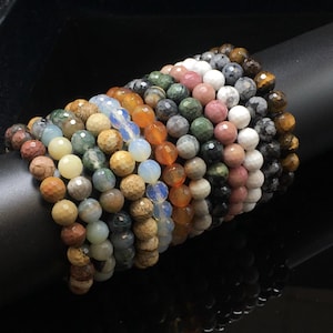 Natural Faceted Gemstone Bead Bracelet, Genuine Gemstone Round Beaded Healing Crystal Bracelet, Handmade Men Women Stretchy Bracelet