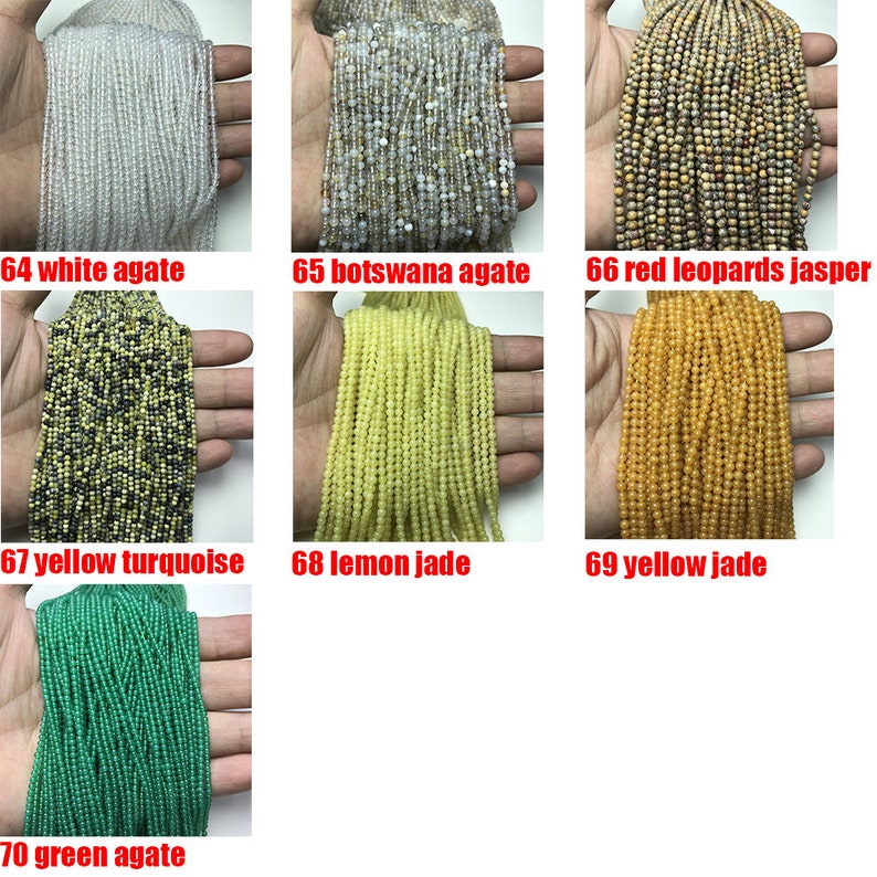 May include: Assortment of 10 strands of gemstone beads, including white agate, botswana agate, red leopards jasper, yellow turquoise, lemon jade, yellow jade, and green agate.