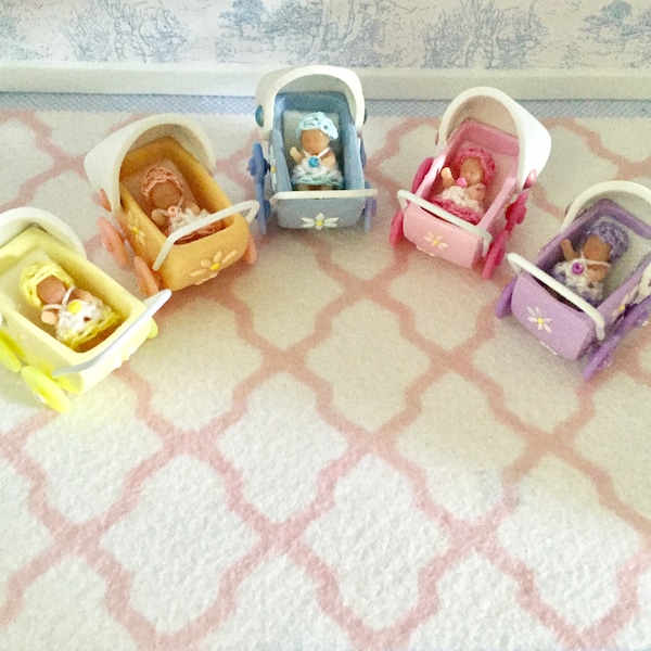 Doll House miniature toy pram for your 12th scale dolls house doll, with a tiny baby doll