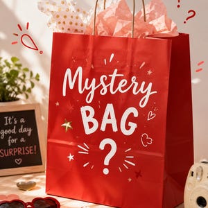 May include: A red gift bag with the words "Mystery BAG ?" in white script. The bag has brown paper handles and is filled with pink and gold tissue paper. Decorative hearts and stars surround the text. A small chalkboard reads "It's a good day for a SURPRISE!"