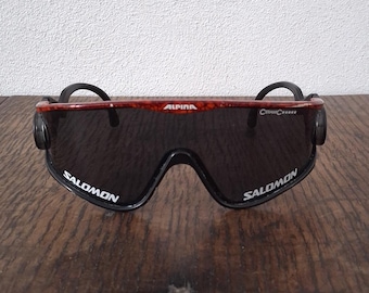 Well used vintage 90&#39;s German oversized wide black and red Alpina cycling sunglasses with adjustable temple arms