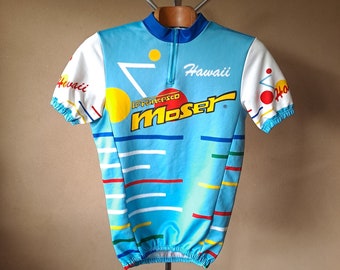 vintage Francesco Moser 'Hawaii' Maillot de cyclisme à manches courtes bleu ciel abstrait italien, taille L hommes/XXL femmes