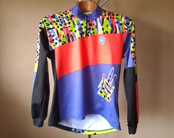 Koszulka kolarska Vintage Italian z lat 90., abstrakcyjny nadruk, męska M/damska L