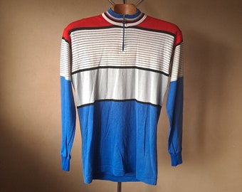 Vintage 70er oder 80er Jahre italienisches Langarm-Radtrikot aus Wolle/Acryl, gestrickt, Größe L - XL