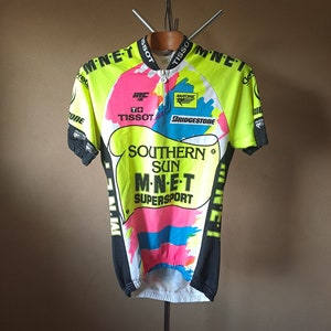 Vintage 90&#39; bold & quirky fluo yellow and pink &quot;Southern Sun&quot; short sleeve MTB cycling jersey, size L