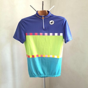 Vintage 90&#39;s Italian turquoise, green and blue short sleeve cycling jersey, size L