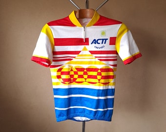 maillot de cyclisme à manches courtes italien audacieux rétro abstrait abstrait rouge, bleu et jaune des années 90, taille M
