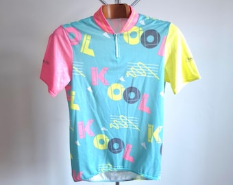 90s 'KOOL' short sleeve cycling jersey in turquoise, pink and yellow, size M