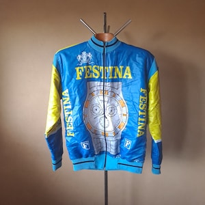 Vintage 1992 professional Festina team Italian winter cycling jacket in yellow and sky blue, size XL