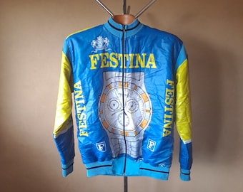 Vintage 1992 professional Festina team Italian winter cycling jacket in yellow and sky blue, size XL