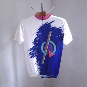 90s abstract and vibrant blue and white short sleeve cycling jersey, XXL