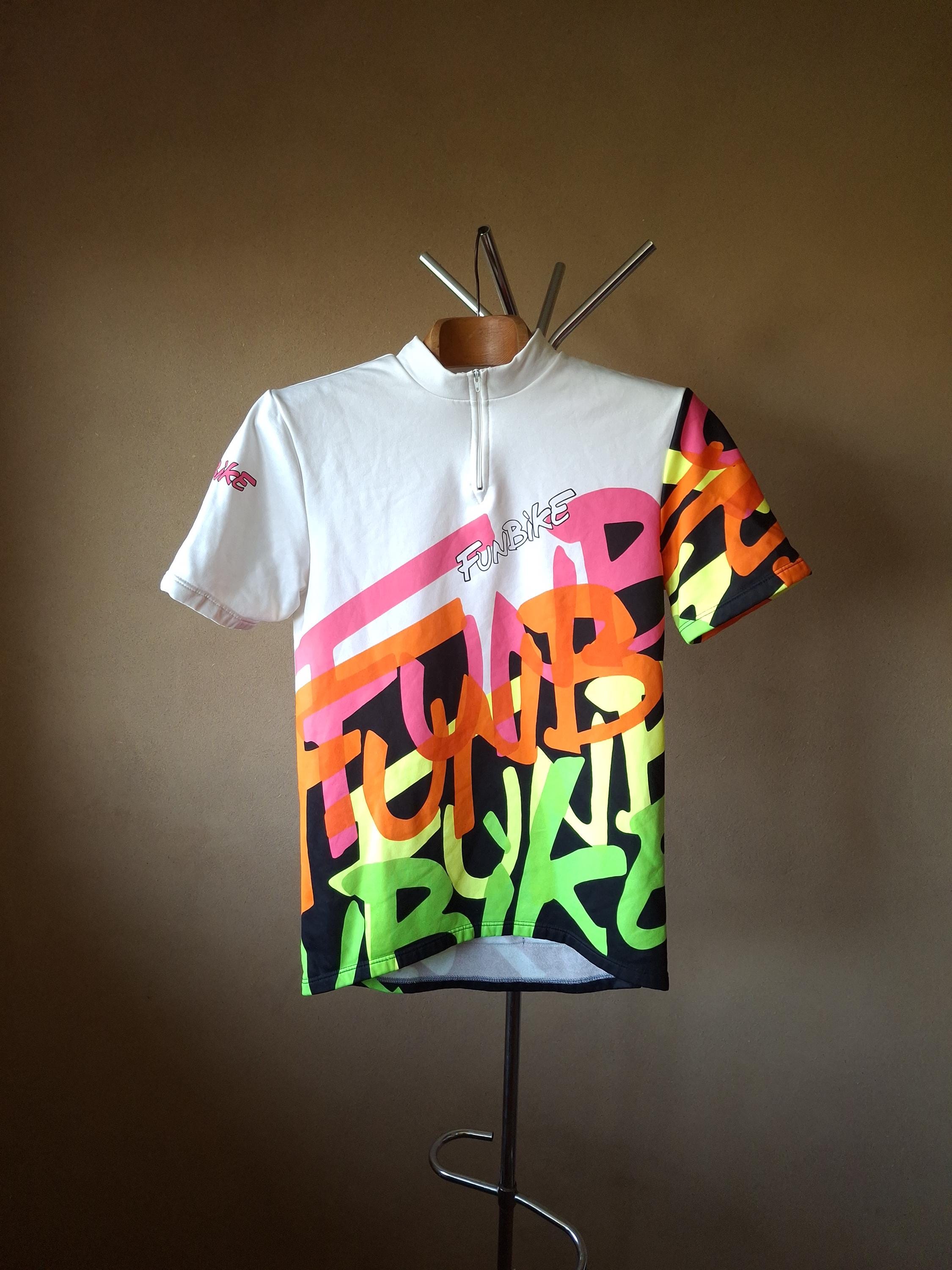 Camisa de ciclismo italiana vintage dos anos 90 'Fun Bike' de manga curta, em negrito, turquesa e rosa, tamanho GG