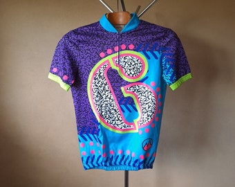 Vintage jaren 90 abstract en kleurrijk fietsshirt met korte mouwen, maat S heren/L dames