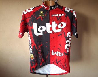 Koszulka kolarska Lotto Vintage 1996, wyprodukowana we Włoszech, czerwono-czarna, rozmiar XL