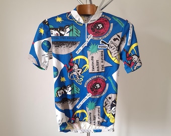 Vintage quirky colorful Puma short sleeve cycling jersey with space motif, size M