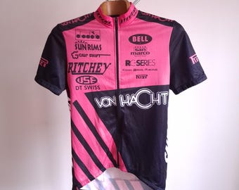 Vintage 90's retro pink and yellow team short sleeve cycling jersey, size men's L