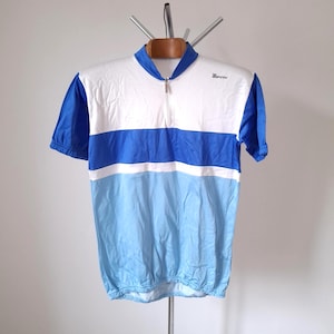 Vintage 80&#39;s simple retro white and blue short sleeve cycling jersey with a sheen, size XXL