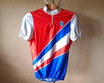 Maillot de cyclisme italien vintage à manches courtes et rayures colorées avec motif abstrait, taille L pour homme/XXL pour femme