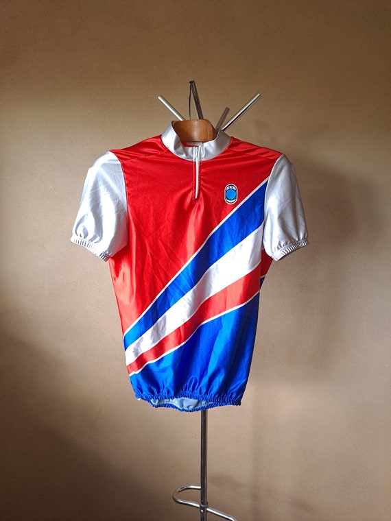Maillot Cyclisme Vintage Gieseggi - Homme Taille M, Rayures Blanc/bleu/violet/vert, 1/4 Zip, Italie