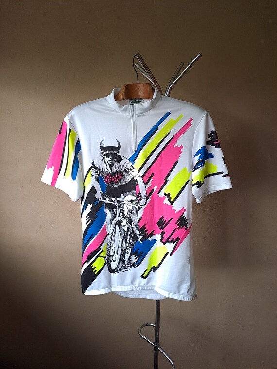 Maillot cycliste italien vintage des annees 90 a manches longues audacieux lumineux et colore blanc a manches longues avec un motif de motard taille XXXL Etsy France