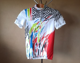 maillot de cyclisme rétro italien audacieux vintage des années 90 à manches courtes avec un motif zébré, taille M