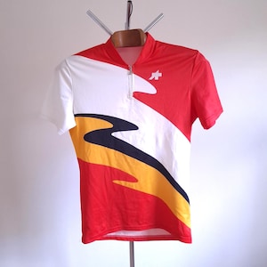 Vintage 90&#39;s Swiss thin simple red and white short sleeve Assos cycling jersey, size L
