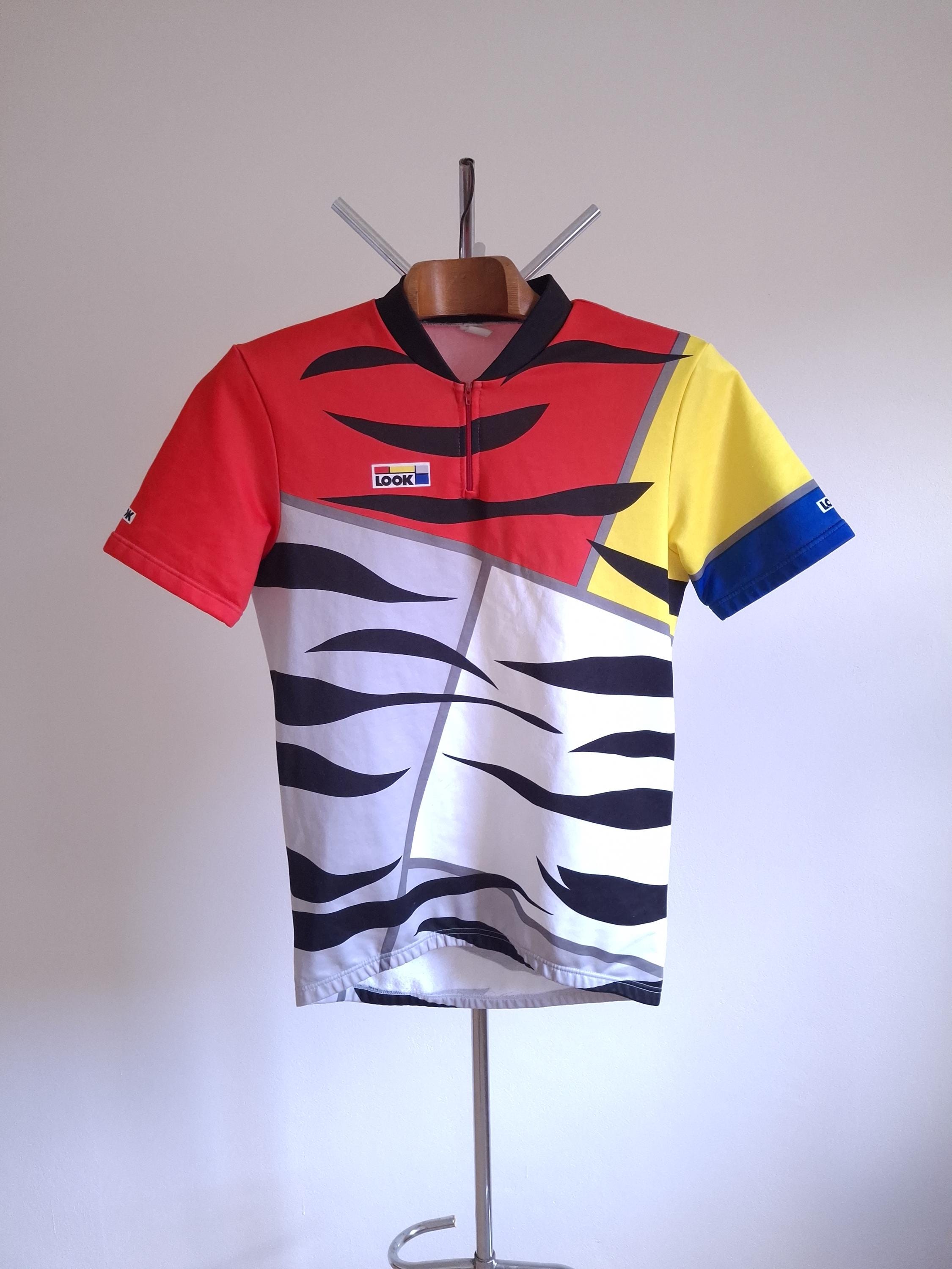 Vintage '80s Look Cycling Jersey, Zebra Stripes Mondrian Design