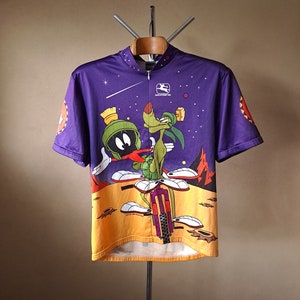 Vintage paars en oranje eigenzinnige MTB-wielershirt met korte mouwen en beroemde stripfiguren, maat XXL