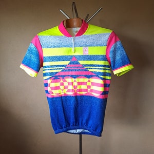 Vintage 90's bright and colorful warm short sleeve cycling jersey, size L image 1