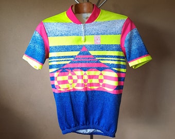 Vintage jaren 90 heldere en kleurrijke warme fietstrui met korte mouwen, maat L