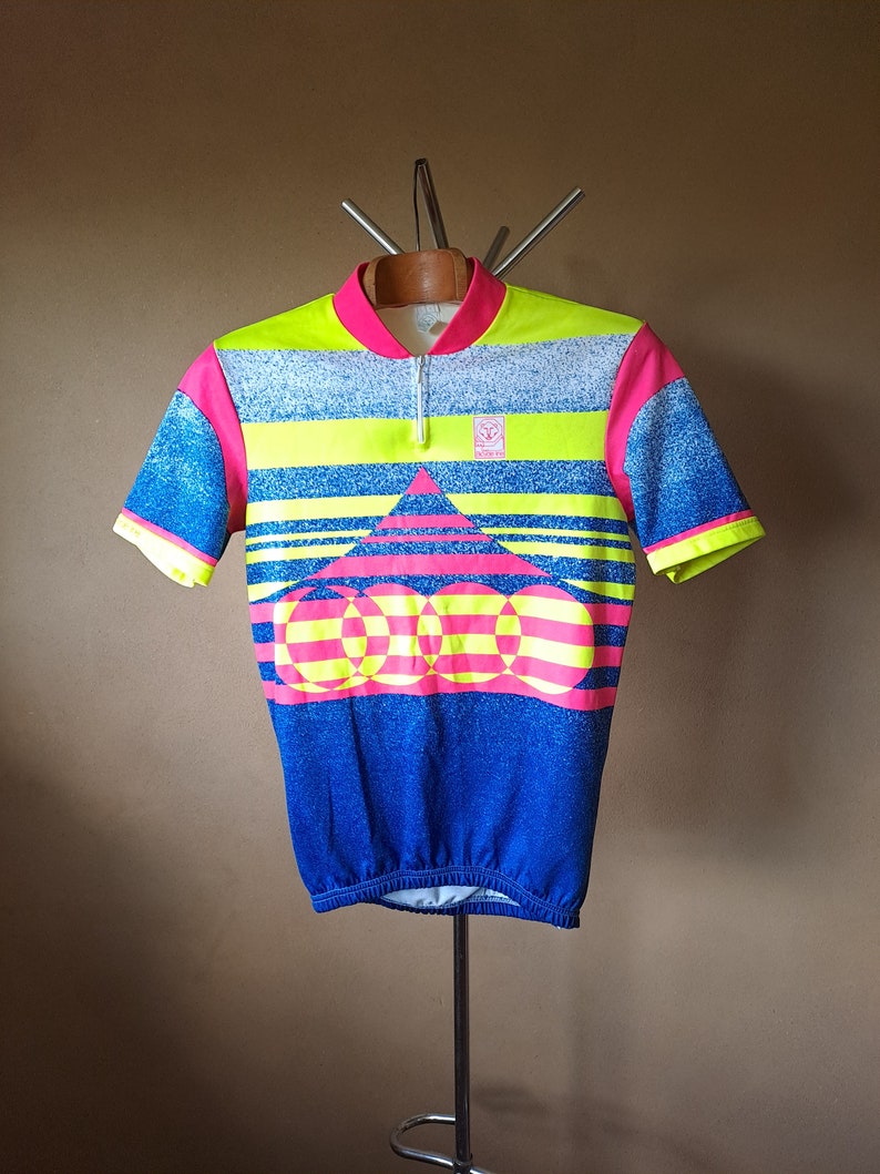 Vintage 90's bright and colorful warm short sleeve cycling jersey, size L image 1