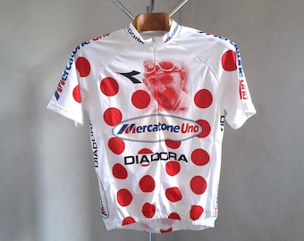 Camisa de ciclismo vintage Marco Pantani Mercatone Uno comemorativa com bolinhas italianas de manga curta, tamanho XL curta
