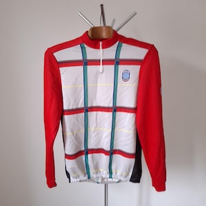 Well used vintage 90&#39;s Italian bold & colorful checkered long sleeve cycling jersey, size L