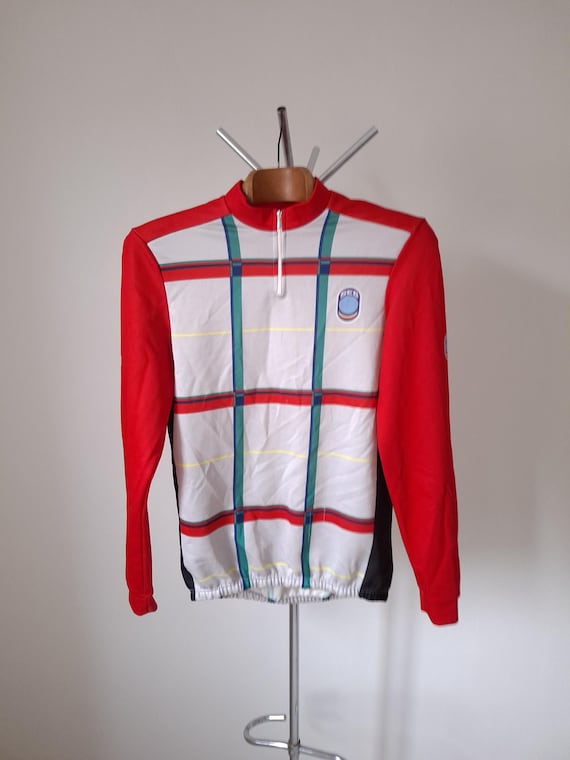 Maillot cycliste japonais vintage des années 90 à manches courtes avec motif géométrique coloré, taille M - France
