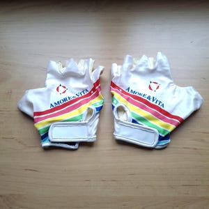 A pair of vintage 90&#39;s professional Amore & Vita team cycling gloves with leather gloves, size larger M
