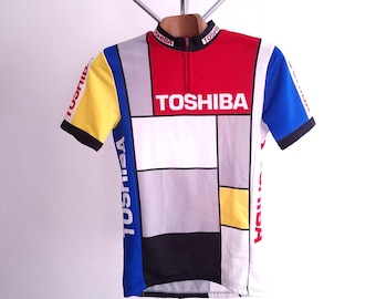 1989 Toshiba pro cycling short sleeve Italian jersey with 'Mondrian' design, size M