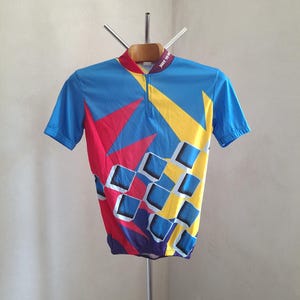 Vintage 90&#39;s retro colorful abstract short sleeve cycling jersey, size M