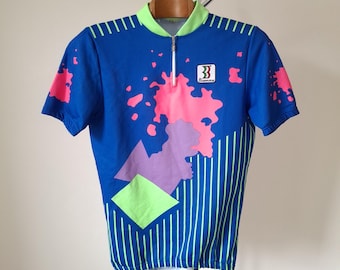 Vintage 90's Italian blue and green short sleeve cycling jersey with splotches, size XL